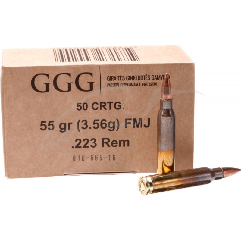 Патрон GGG кал .223 Rem куля FMJ маса 3,56 грами/ 55 гран. Поч. швидкість 1015 м/c